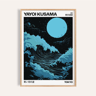 Large Ocean wall art showing blue wave and moon in a contemporary illustration style