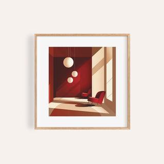 Framed Architectural Interior Art of a modern room with two red armchairs and three hanging globe lights