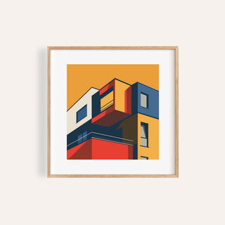 Framed print of modern building facade illustration in red blue and yellow colours