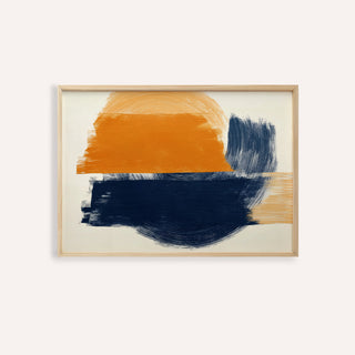 Framed Blue And Orange Abstract Art showing orange and navy brushstrokes and light wooden frame