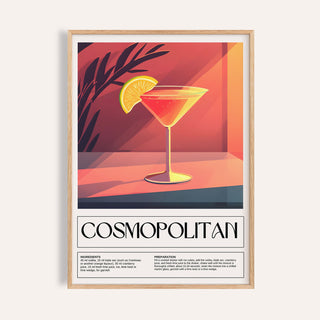 Framed print close-up of a cosmopolitan cocktail illustration with warm red and orange hues