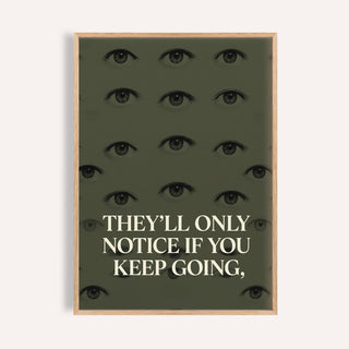 Framed Gym Artwork featuring human eyes and an inspirational quote in cream on olive green