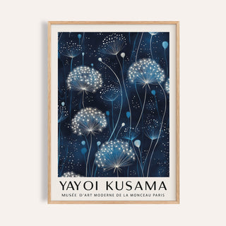 Glowing dandelion print featured in blue and white wall art collection