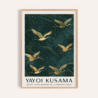 Framed Japanese Crane wall art with golden cranes in flight on a deep green background