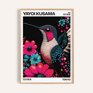Large Bird Prints framed print close-up of a colourful hummingbird with bright pink and turquoise flowers