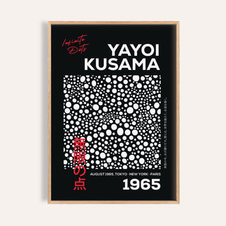 Framed print close-up of wall art polka dots with a black background and white text in a minimalist style