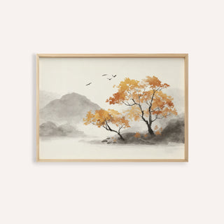Framed Autumn Tree Art Print with orange and yellow trees and grey mountains