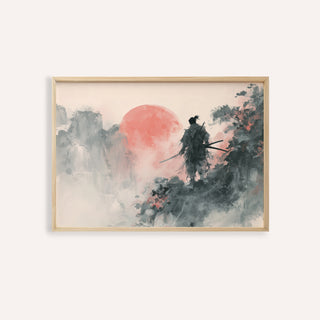 Framed Abstract Warrior Poster with a samurai silhouette in black and grey tones and a large red sun
