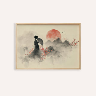 Framed Oriental Wall Art Poster of geisha with a fan by misty mountains and red sun