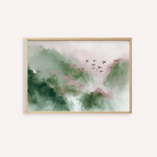 Watercolor Bird Print with flying birds over misty green and pink mountains framed in light wood