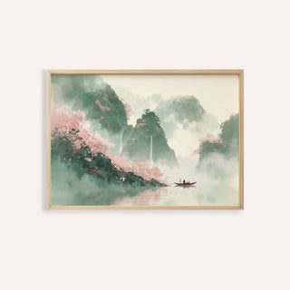 Framed mountain landscape art print with green and pink watercolour misty mountains on a pale background