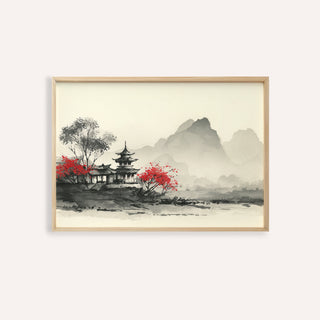 Framed Chinese landscape art print of a pagoda with red foliage in minimalist Japanese ink style