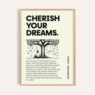 Framed close-up of Inspiration Poster for Students with person under tree illustration in black on cream background
