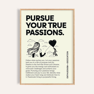 Framed Inspirational Wall Art with woman holding a heart balloon illustration and text in black on cream