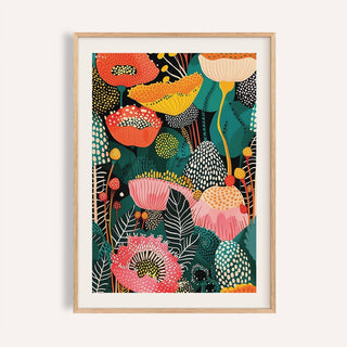 Flower wall art decor colourful abstract flower bouquet with orange and pink blooms