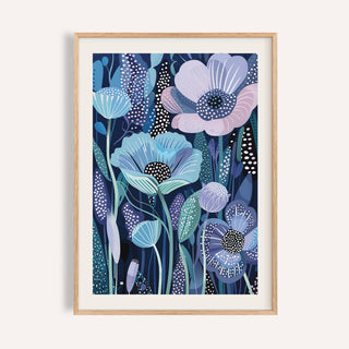 Framed print close-up of blue and purple art featuring stylised flowers with dotted details in wood frame
