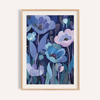 Framed purple home decor print with abstract flowers in blue and lavender shades