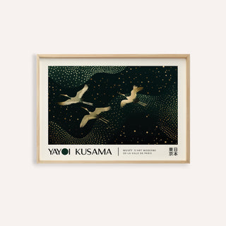 Japanese Art Print showing golden cranes in abstract style with dark green and gold dots
