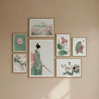 Japanese wall art set in japanese-ink style showing a woman with katana and botanical illustrations in a beige room