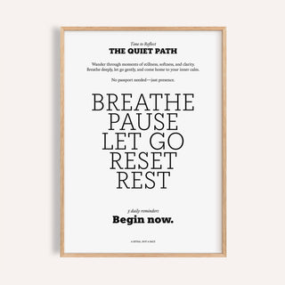 Meditation poster framed close-up showing a motivational quote in black and white minimalist style