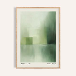 Green Abstract Wall Art in a natural wood frame showing soft green and grey abstract field