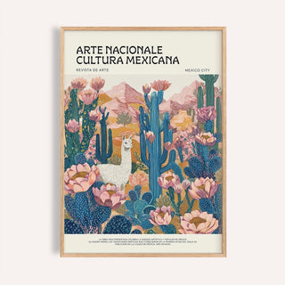 Framed Mexican wall decor with white llama among blue and pink cacti and desert plants