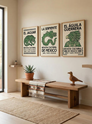 Cultural Art Print Set with three mythical creatures in green folk-art style above a wooden bench with a carved bird