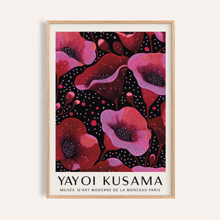 Framed print close-up of stylized poppies in pink and red with black background