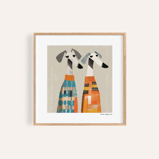 Framed Wall Art Dog illustration of two greyhounds in colourful patterned jumpers
