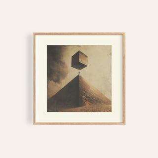 Framed surreal pyramid wall art with a floating cube in neutral colours