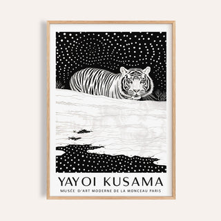 Framed Snow Tiger Print of a white tiger illustration in black and white with dotted patterns