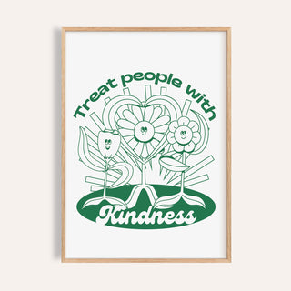 Framed positive poster with green smiling flowers and heart with kind message on white background