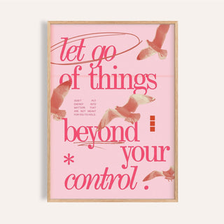Framed print with typography quote and birds on a pink background in a light wood frame