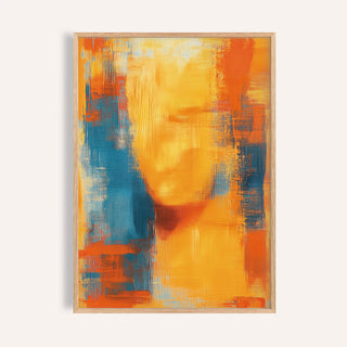 Framed Blue and Orange Abstract Art showing a blurred human face silhouette with orange and blue brush strokes