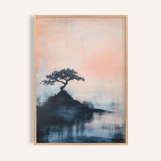Framed Japanese Abstract Art portraying a bonsai tree on a hill in soft pink and blue tones