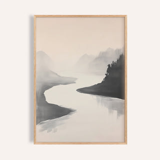 Monochrome Japanese ink wash painting with soft river scene for living room.