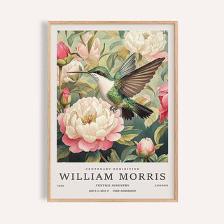 Framed Hummingbird Prints showing a green hummingbird and pink and white peonies with text below