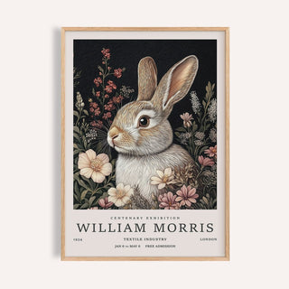 Framed Vintage Rabbit Art close-up showing a brown rabbit with cream and pink flowers