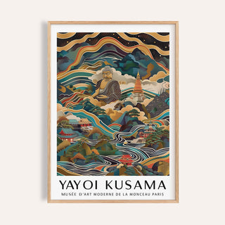 Framed Buddha Poster with a colourful landscape and prominent Buddha statue illustration