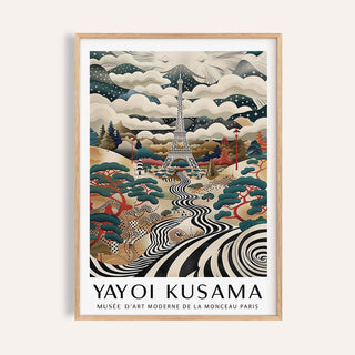Framed print of surreal Eiffel Tower art with swirling black and white river and colourful trees