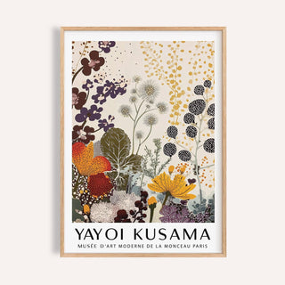 Framed print with botanical floral illustration in orange, purple and green tones