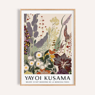 Abstract floral print framed close-up with colourful dotted flowers and green leaves