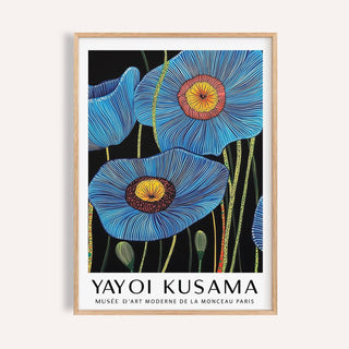 Big Flower wall art of blue poppy flowers with yellow centres in a wooden frame