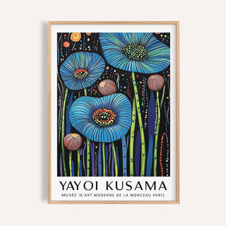 Framed wall art floral showing abstract blue poppy flowers and green stems on a dark background