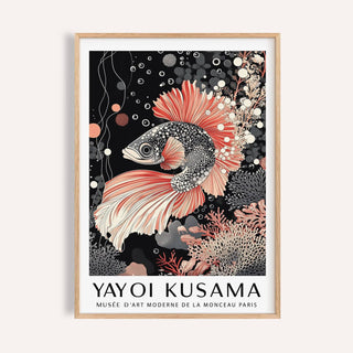 Asian wall art framed print of a koi fish illustration in coral and black colours