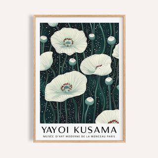 Poppy prints framed close-up showing white illustrated poppy flowers with dark green stems
