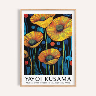 Framed print of yellow poppies with blue and red abstract shapes on a black background