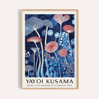 Framed Mushroom Art Print with blue background and white and red abstract mushrooms
