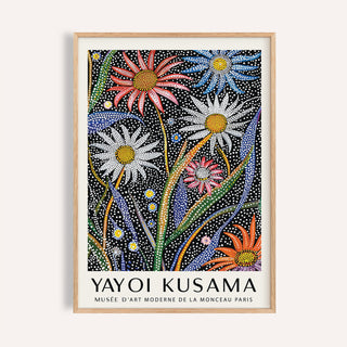 Abstract Botanical Wall Art framed close-up of dotted flowers in pink blue white and orange with green stems