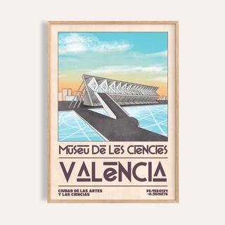 Framed Valencia Art Print showing Museu de les Ciències building in pastel blue and orange tones